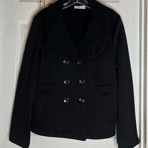 Black Pleated Pea Coat Women’s Large Black Button Casual  Cable Knit Collar